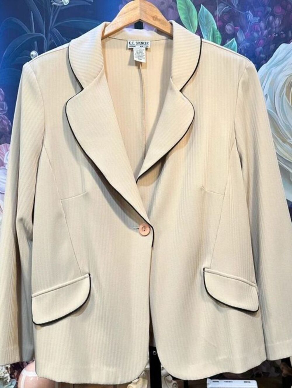 K.C. Spencer 18W Herringbone Blazer Black Piping Preppy Old Money Office Siren